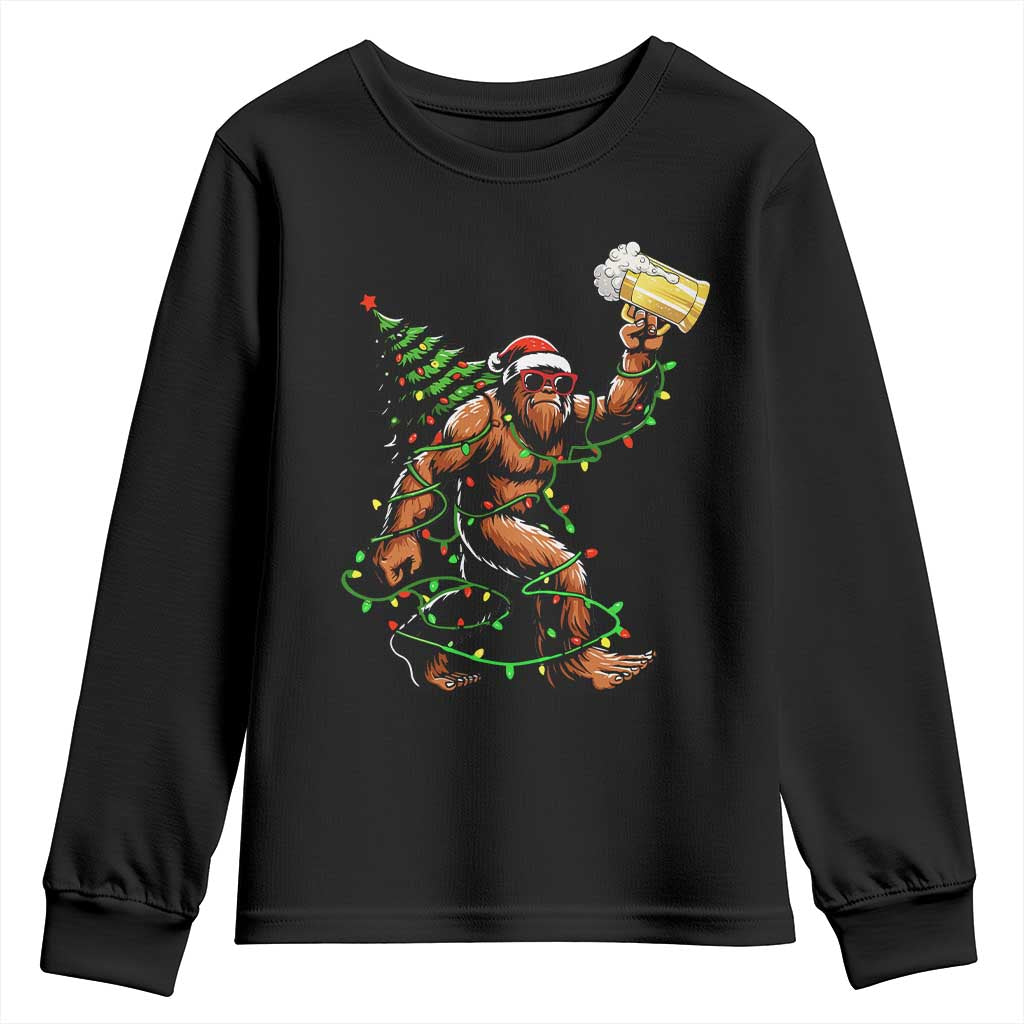 Santa Bigfoot Christmas Tree Youth Sweatshirt Xmas Lights Funny Sasquatch Beer TS10 Black Print Your Wear