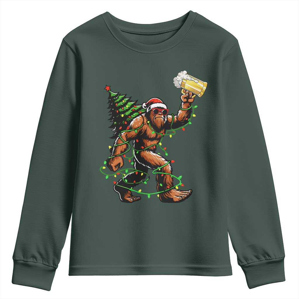 Santa Bigfoot Christmas Tree Youth Sweatshirt Xmas Lights Funny Sasquatch Beer TS10 Dark Forest Green Print Your Wear