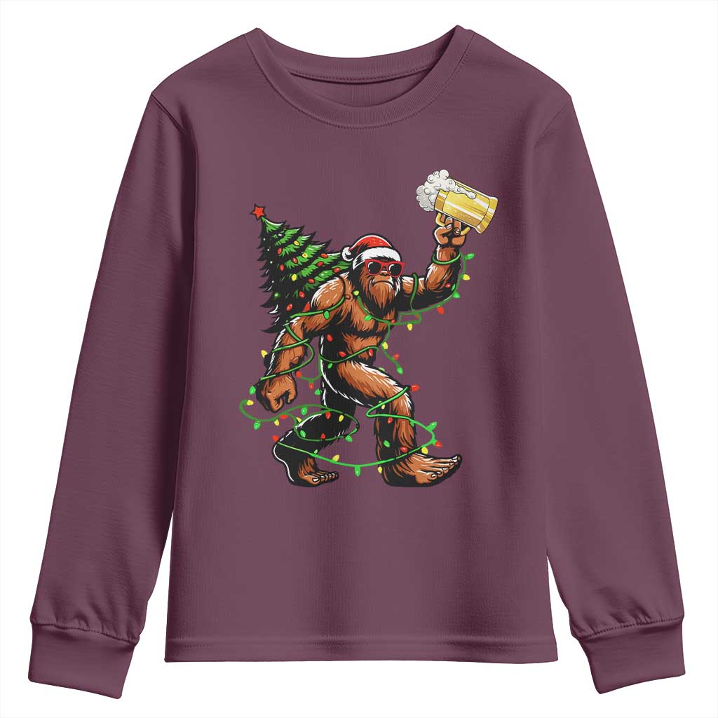 Santa Bigfoot Christmas Tree Youth Sweatshirt Xmas Lights Funny Sasquatch Beer TS10 Maroon Print Your Wear