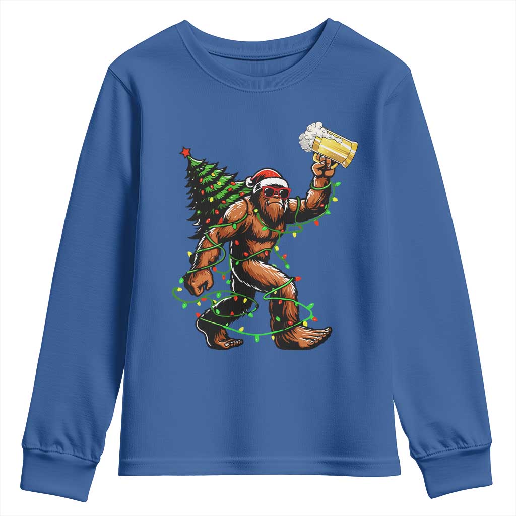 Santa Bigfoot Christmas Tree Youth Sweatshirt Xmas Lights Funny Sasquatch Beer TS10 Royal Blue Print Your Wear