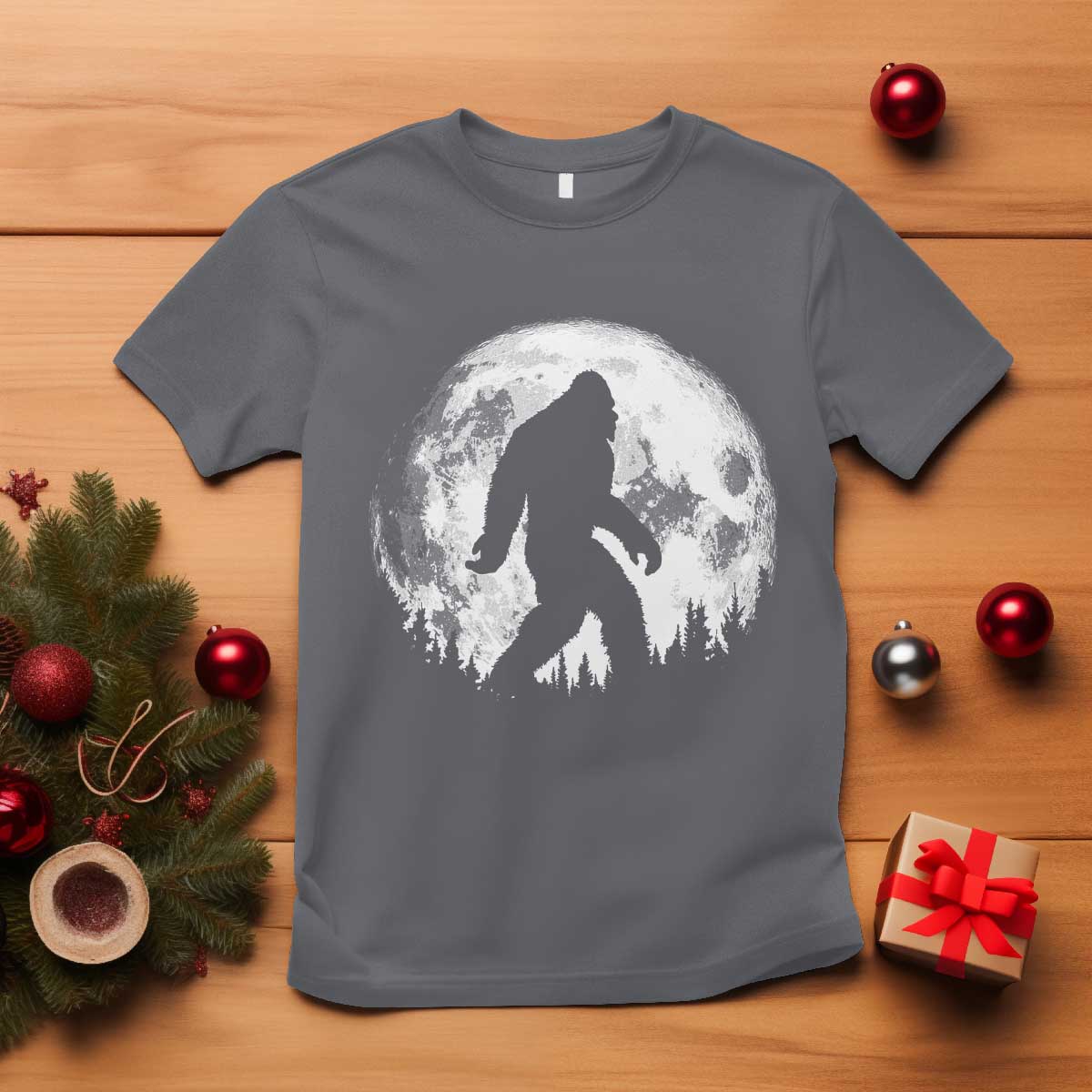 Bigfoot Night Stroll T Shirt - Full Moon Trees Sasquatch Cryptid Nature Tee TS10 Charcoal Print Your Wear