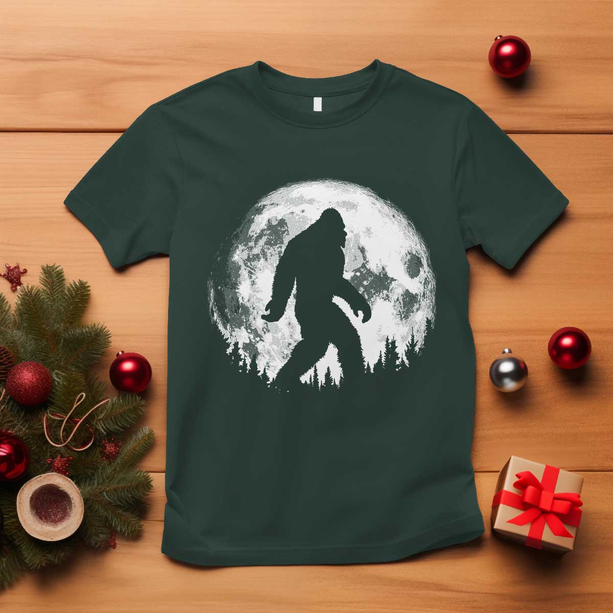 Bigfoot Night Stroll T Shirt - Full Moon Trees Sasquatch Cryptid Nature Tee TS10 Dark Forest Green Print Your Wear