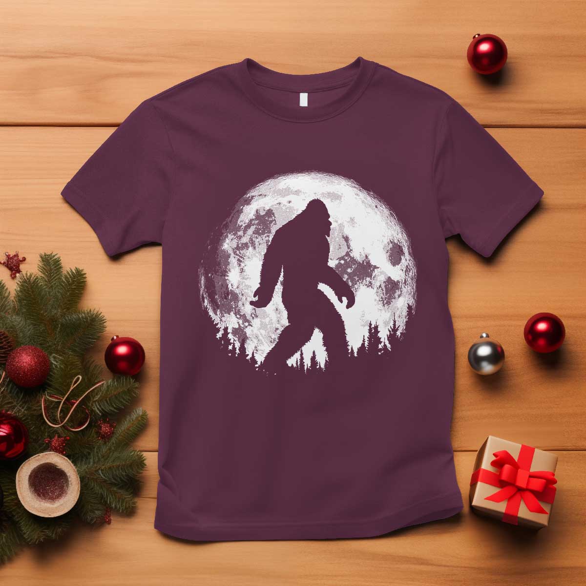 Bigfoot Night Stroll T Shirt - Full Moon Trees Sasquatch Cryptid Nature Tee TS10 Maroon Print Your Wear