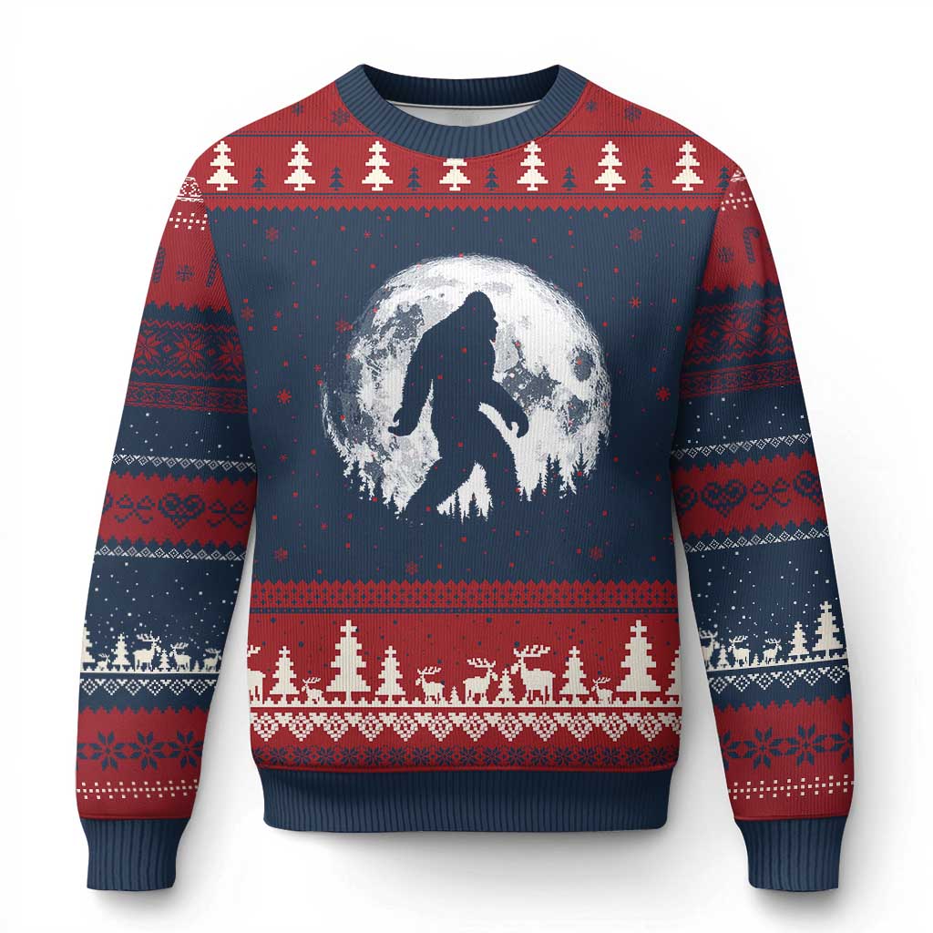 Bigfoot Night Stroll Ugly Christmas Sweater Cool Full Moon & Trees Sasquatch TS10 Navy Red Print Your Wear
