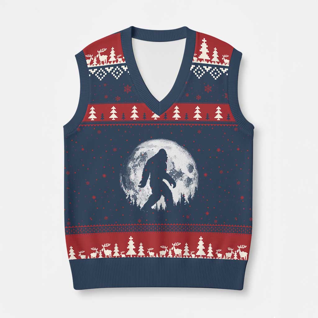 Bigfoot Night Stroll V-Neck Knit Sweater Vest Cool Full Moon & Trees Sasquatch TS10 Navy Red Print Your Wear
