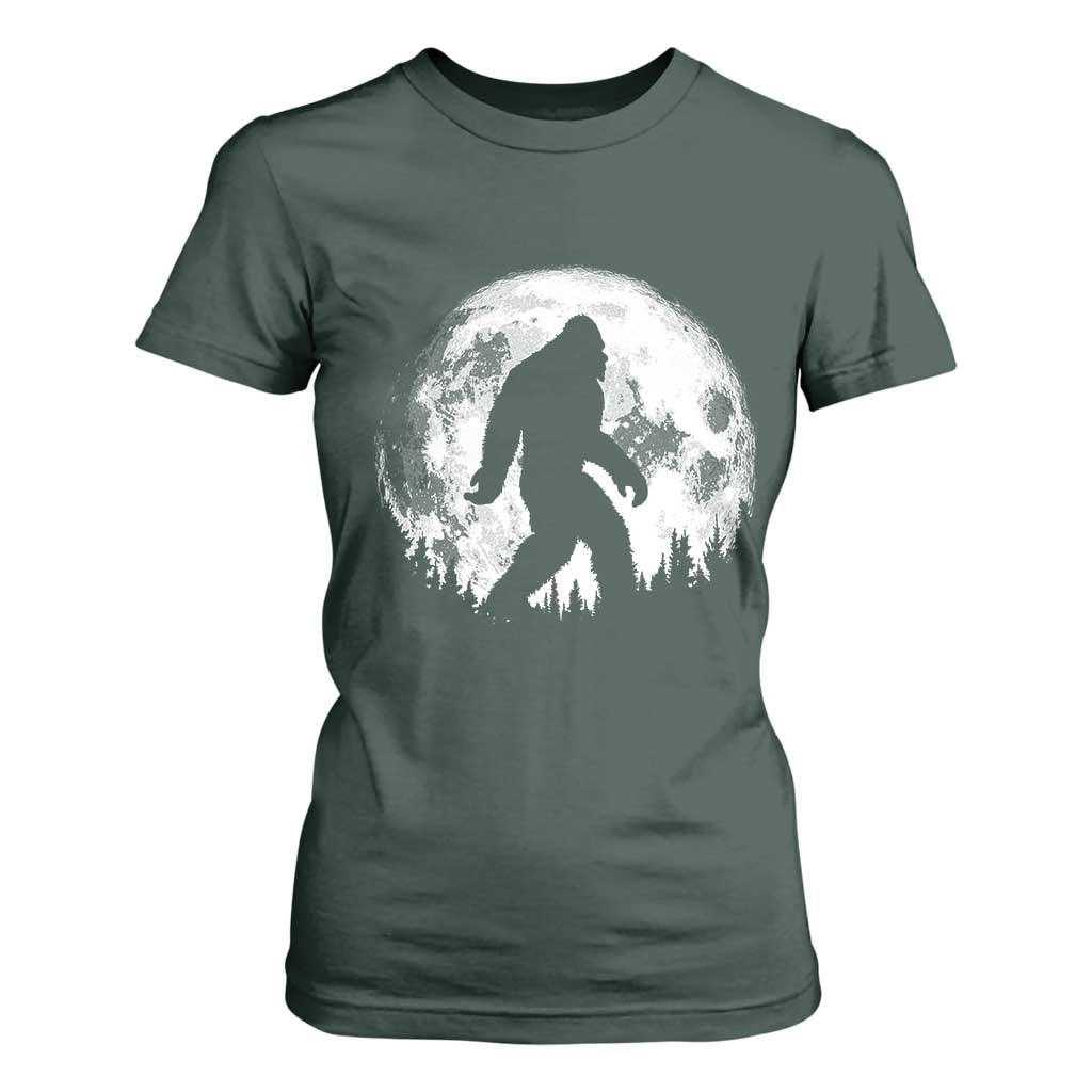 Bigfoot Night Stroll T Shirt For Women Cool Full Moon & Trees Sasquatch TS10 Dark Forest Green Print Your Wear