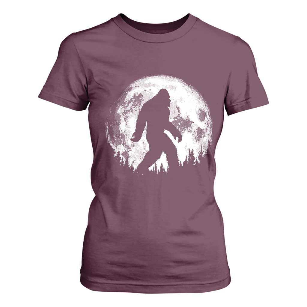 Bigfoot Night Stroll T Shirt For Women Cool Full Moon & Trees Sasquatch TS10 Maroon Print Your Wear