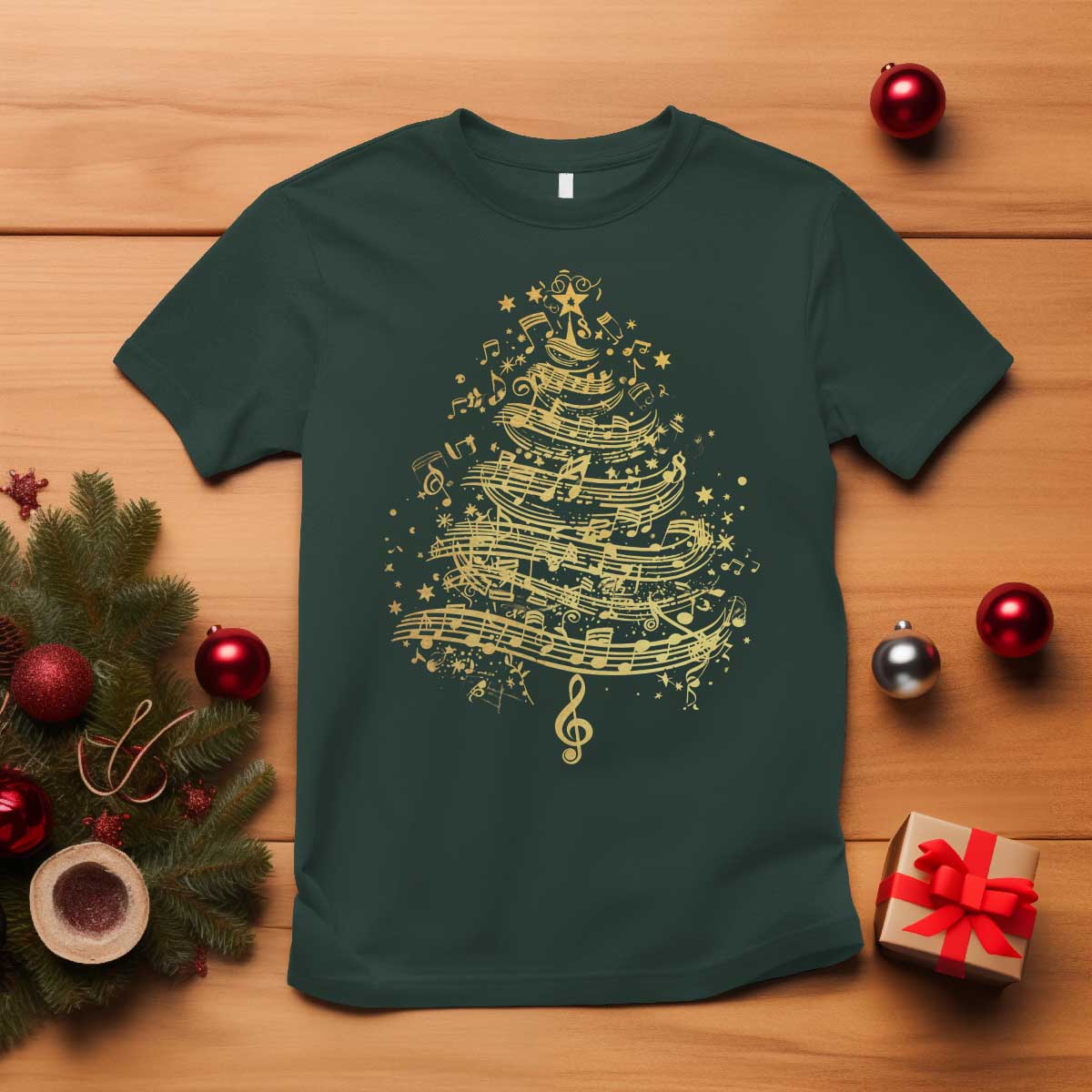 Music Christmas Tree T Shirt Musician Music Lover Gift TS10 Dark Forest Green Print Your Wear