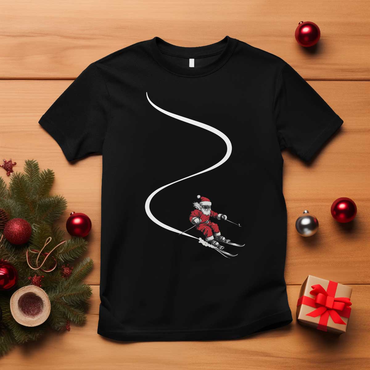 Skiing Santa Christmas T Shirt Retro Funny Ski Trip Freeride Freeski Winter Sports Skiers TS10 Black Print Your Wear