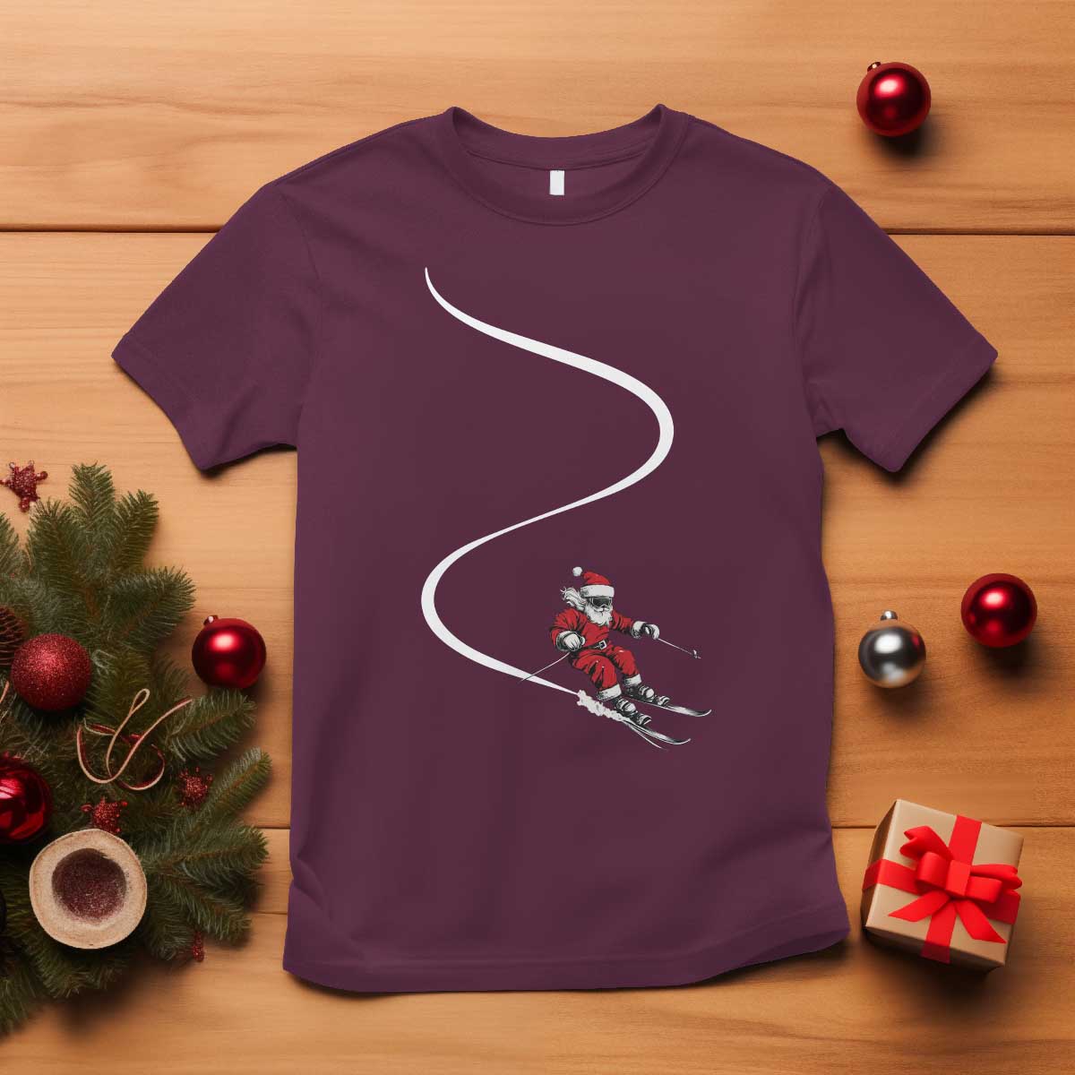 Skiing Santa Christmas T Shirt Retro Funny Ski Trip Freeride Freeski Winter Sports Skiers TS10 Maroon Print Your Wear