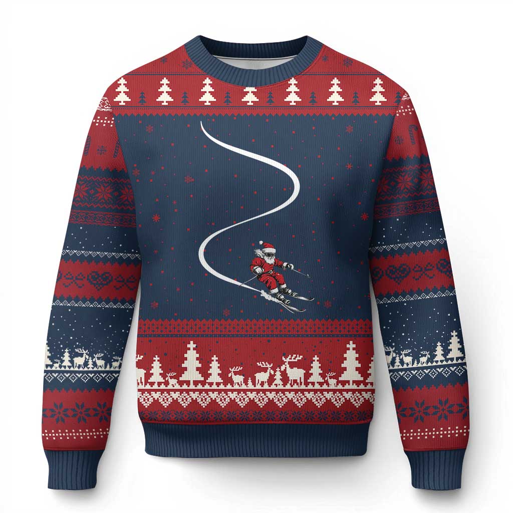 Skiing Santa Xmas Ugly Christmas Sweater Retro Funny Ski Trip Freeride Freeski Winter Sports Skiers TS10 Navy Red Print Your Wear