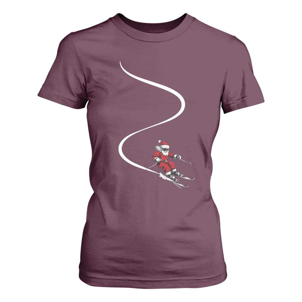 Skiing Santa Christmas T Shirt For Women Retro Funny Ski Trip Freeride Freeski Winter Sports Skiers TS10 Maroon Print Your Wear