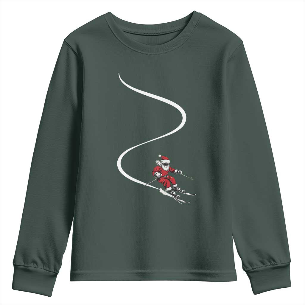 Skiing Santa Christmas Youth Sweatshirt Retro Funny Ski Trip Freeride Freeski Winter Sports Skiers TS10 Dark Forest Green Print Your Wear