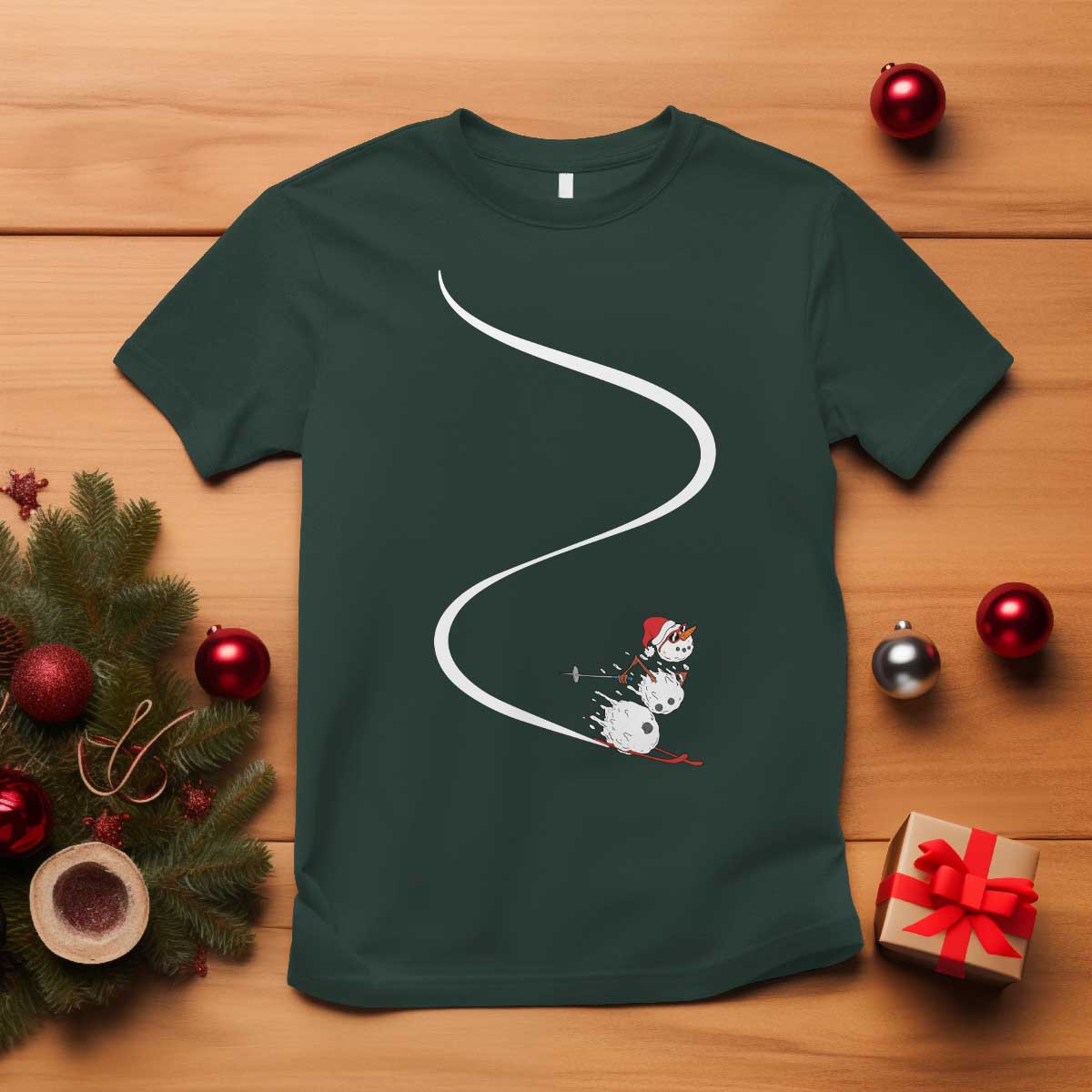 Skiing Snowman T Shirt Funny Ski Freeride Freeski Winter Sports Skiers TS10 Dark Forest Green Print Your Wear