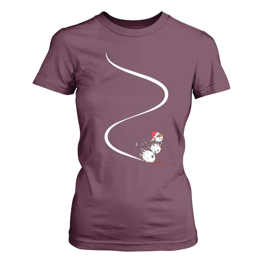 Skiing Snowman T Shirt For Women Funny Ski Freeride Freeski Winter Sports Skiers TS10 Maroon Print Your Wear