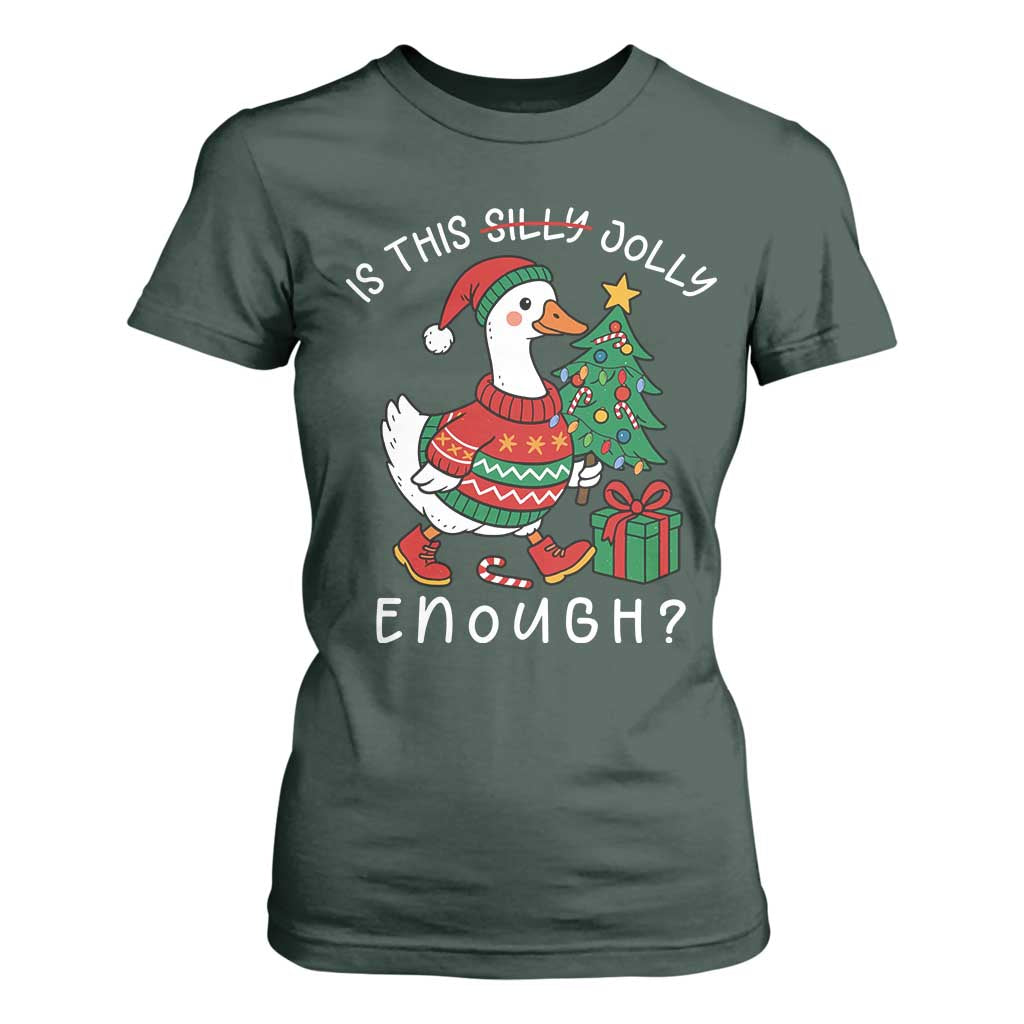 Funny Goose Christmas T Shirt For Women Is This Jolly Enough Cute Xmas Duck TS10 Dark Forest Green Print Your Wear