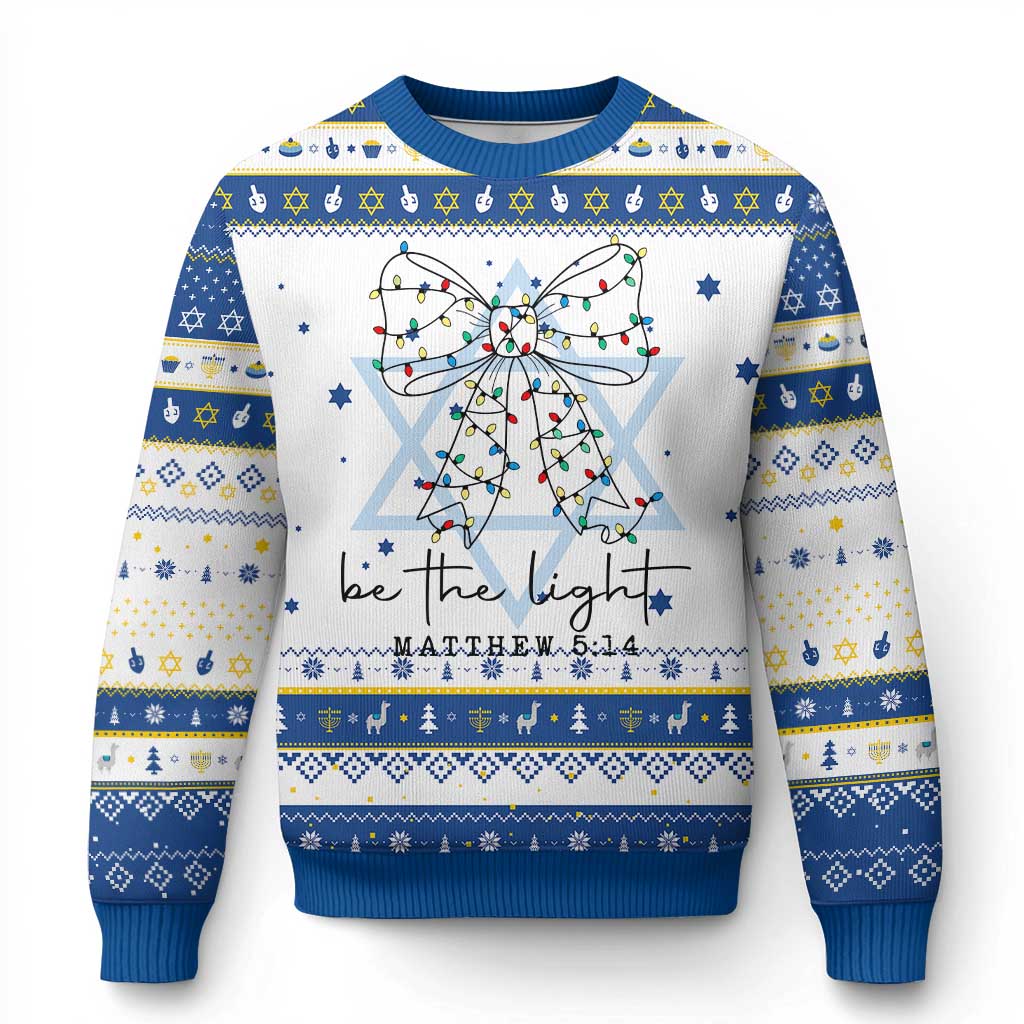 Be The Light Christmas Coquette Bow Hanukkah Ugly Sweater Christian Religious Bible Verse TS10 White Royal Blue Print Your Wear