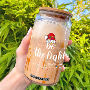 Be The Light Christmas Glass Can Christian Religious Bible Verse Santa Hat Pajama TS10 Black Print Your Wear