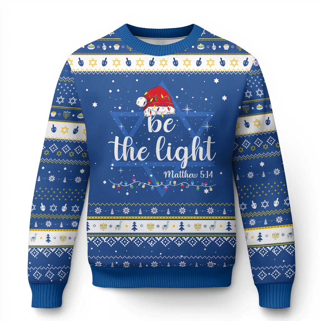 Be The Light Christmas Hanukkah Ugly Sweater Christian Religious Bible Verse Santa Hat Pajama TS10 Blue White Print Your Wear