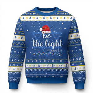 Be The Light Christmas Hanukkah Ugly Sweater Christian Religious Bible Verse Santa Hat Pajama TS10 Blue White Print Your Wear