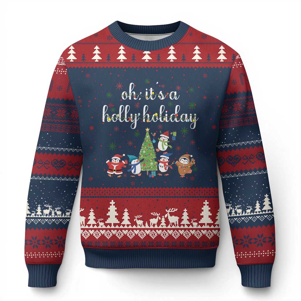 Penguins Xmas Ugly Christmas Sweater Oh Its A Jolly Holiday Xmas Light TS10 Navy Red Print Your Wear