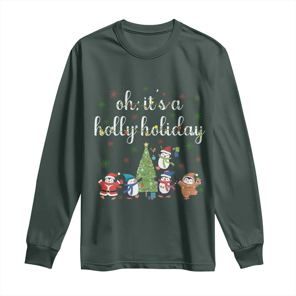 Penguins Christmas Long Sleeve Shirt Oh Its A Jolly Holiday Xmas Light TS10 Dark Forest Green Print Your Wear