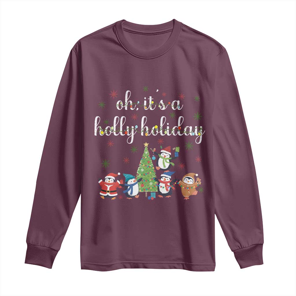 Penguins Christmas Long Sleeve Shirt Oh Its A Jolly Holiday Xmas Light TS10 Maroon Print Your Wear