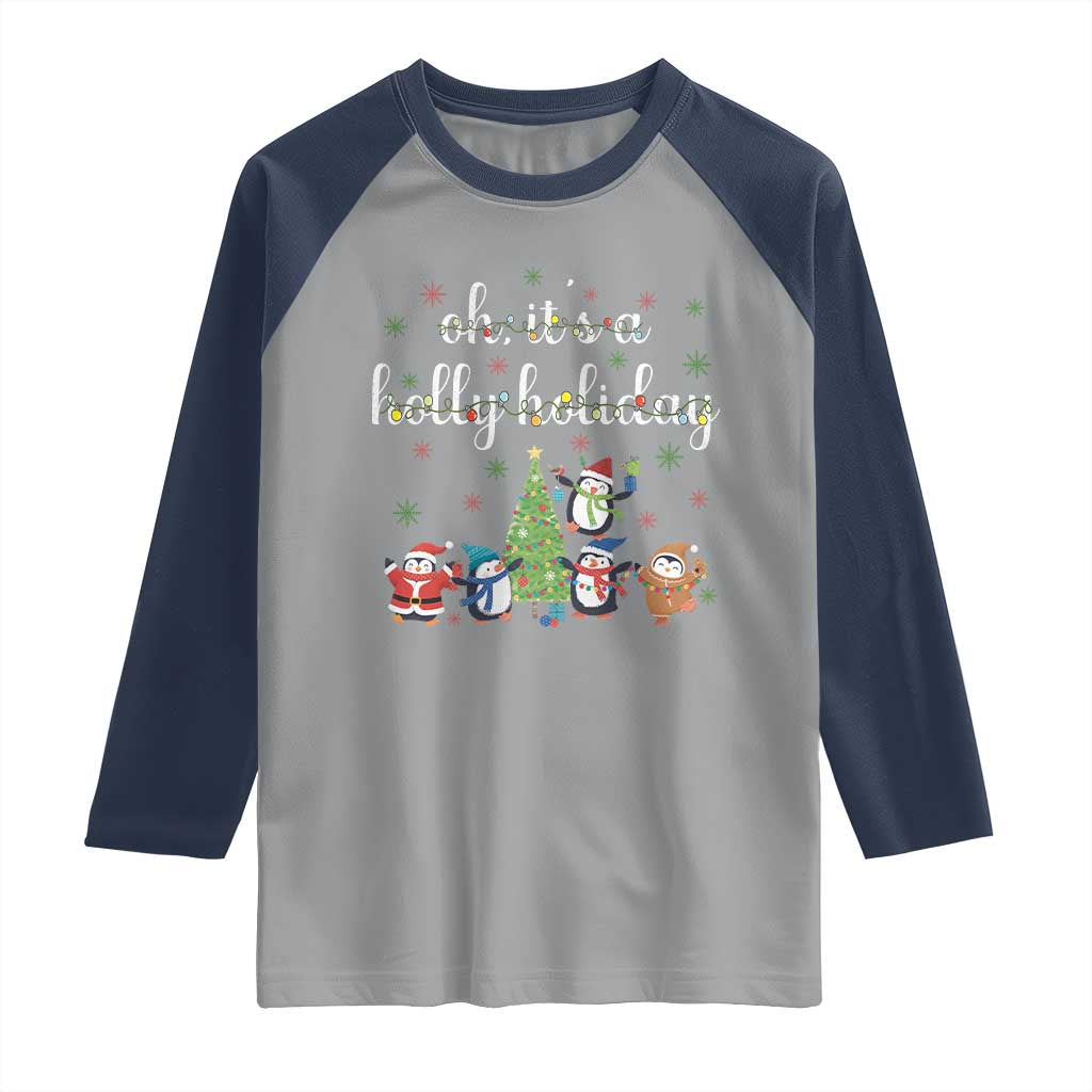Penguins Christmas Raglan Shirt Oh Its A Jolly Holiday Xmas Light TS10 Sport Gray Navy Print Your Wear