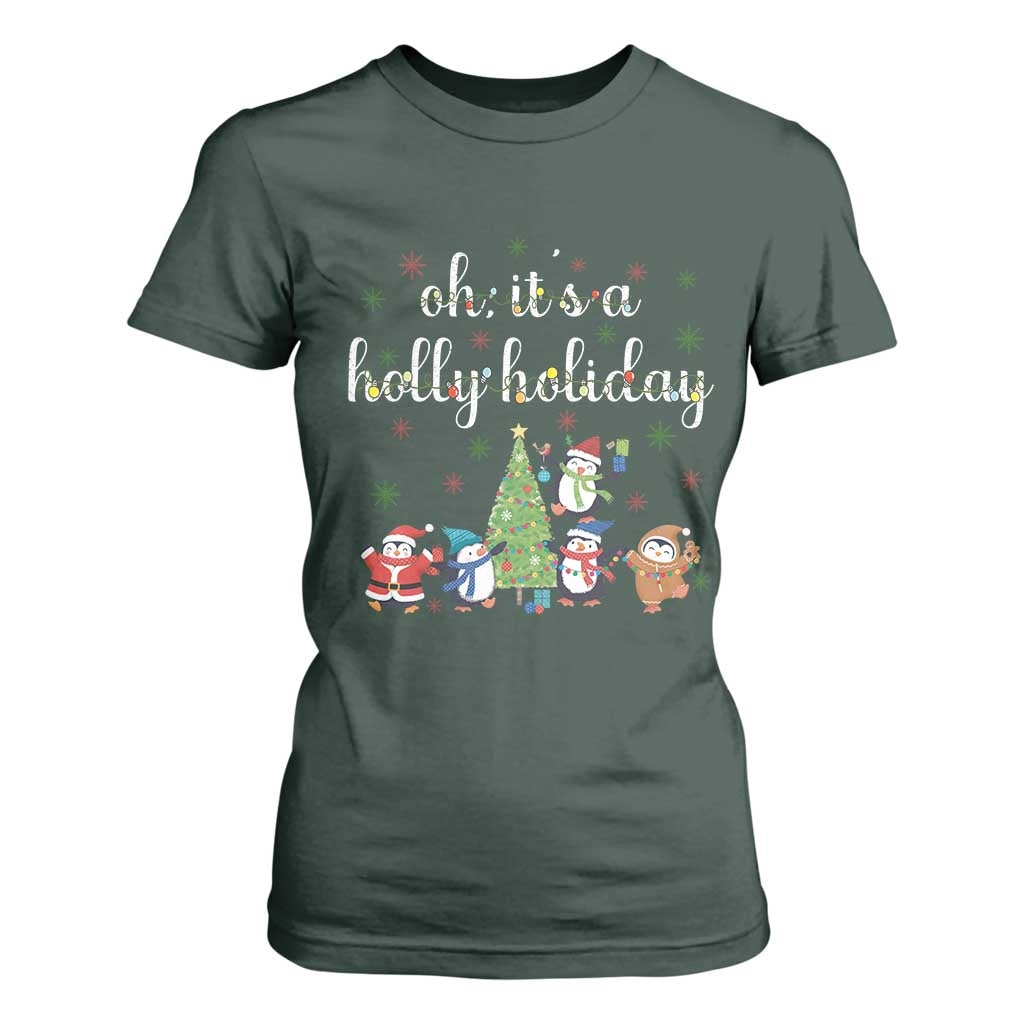 Penguins Christmas T Shirt For Women Oh Its A Jolly Holiday Xmas Light TS10 Dark Forest Green Print Your Wear