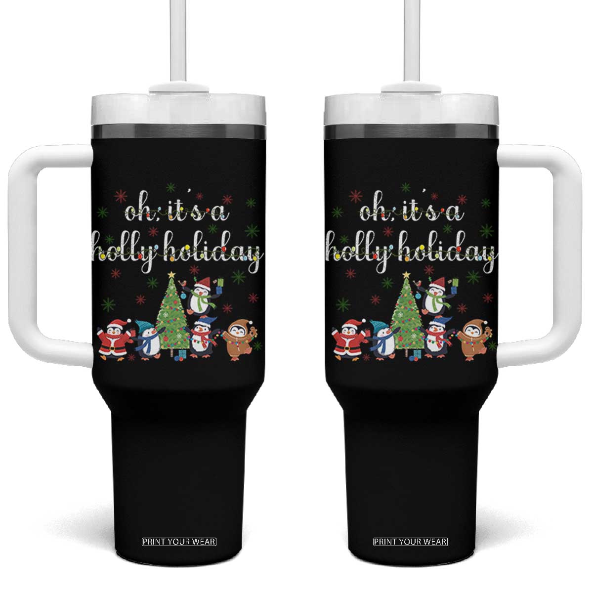 Penguins Christmas Tumbler With Handle Oh Its A Jolly Holiday Xmas Light TS10 One Size: 40 oz Black Print Your Wear