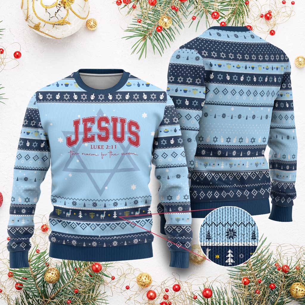 Jesus is the Reason Christmas Hanukkah Ugly Sweater Christian Varsity TS10 Light Blue Navy Print Your Wear