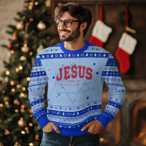 Jesus is the Reason Christmas Hanukkah Ugly Sweater Christian Varsity TS10 Light Blue Royal Blue Print Your Wear