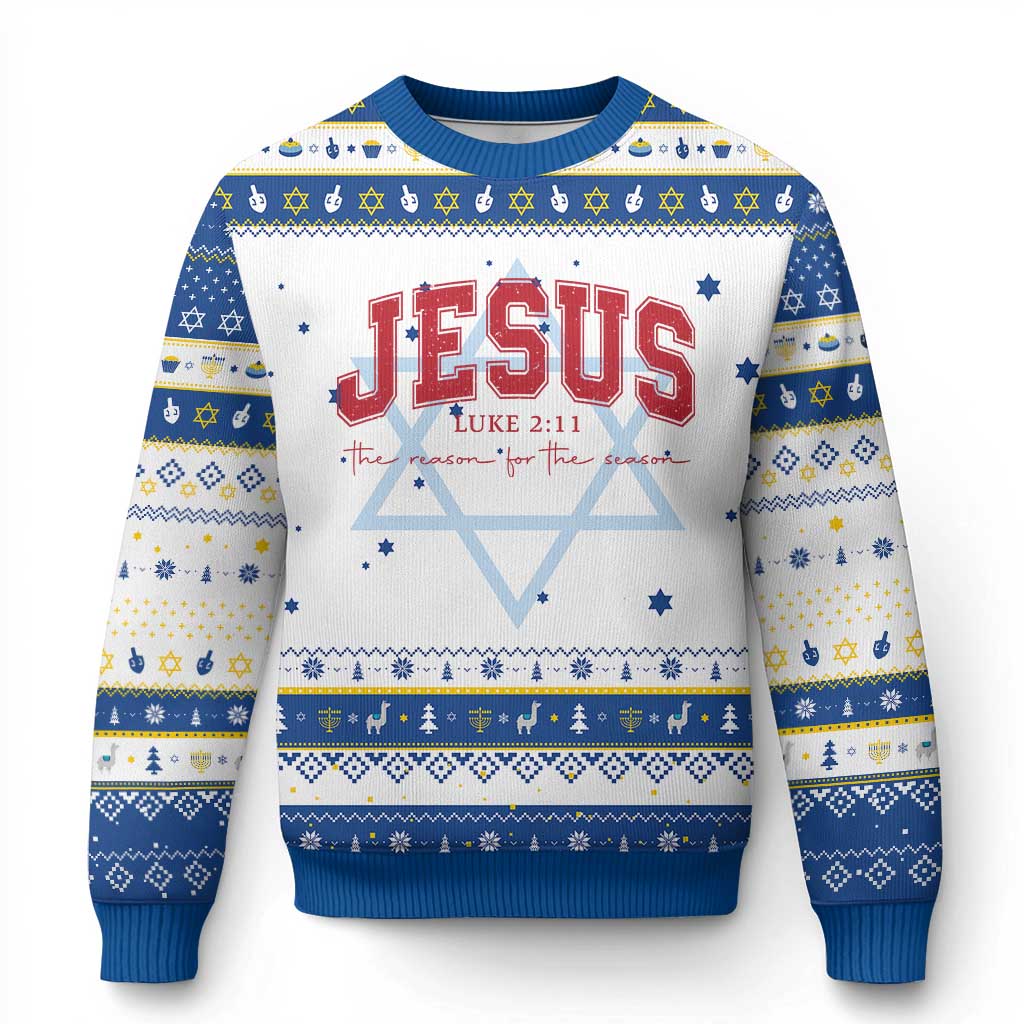 Jesus is the Reason Christmas Hanukkah Ugly Sweater Christian Varsity TS10 White Royal Blue Print Your Wear