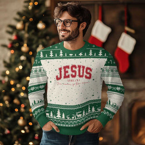 Jesus is the Reason Xmas Ugly Christmas Sweater Christian Varsity TS10 Beige Green Print Your Wear