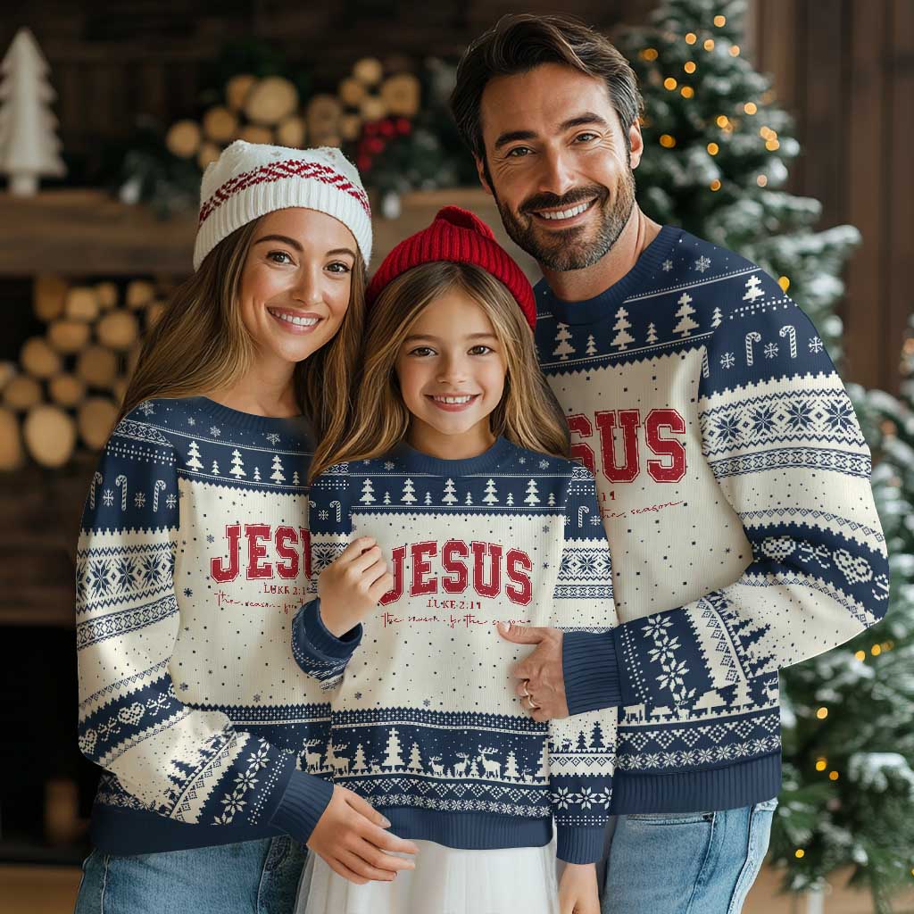 Jesus is the Reason Xmas Ugly Christmas Sweater Christian Varsity TS10 Beige Navy Print Your Wear