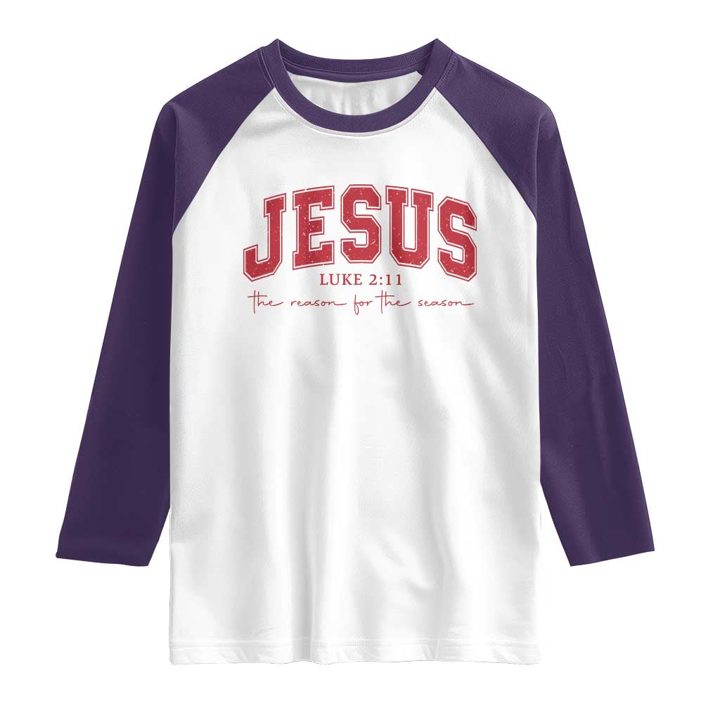 Jesus is the Reason Christmas Raglan Shirt Christian Varsity TS10 White Purple Print Your Wear