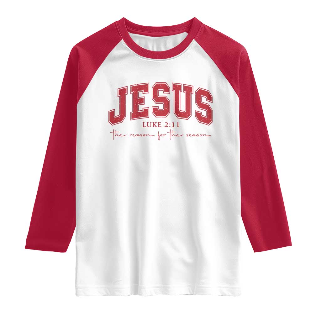 Jesus is the Reason Christmas Raglan Shirt Christian Varsity TS10 White Red Print Your Wear