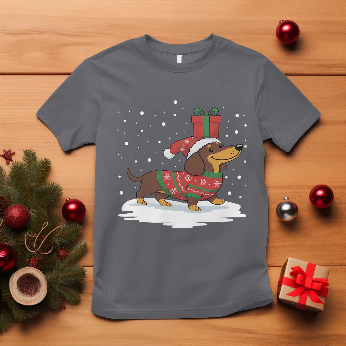 Christmas Dachshund T Shirt Funny Weiner Santa Hat Xmas Dog Puppy Lover TS10 Charcoal Print Your Wear