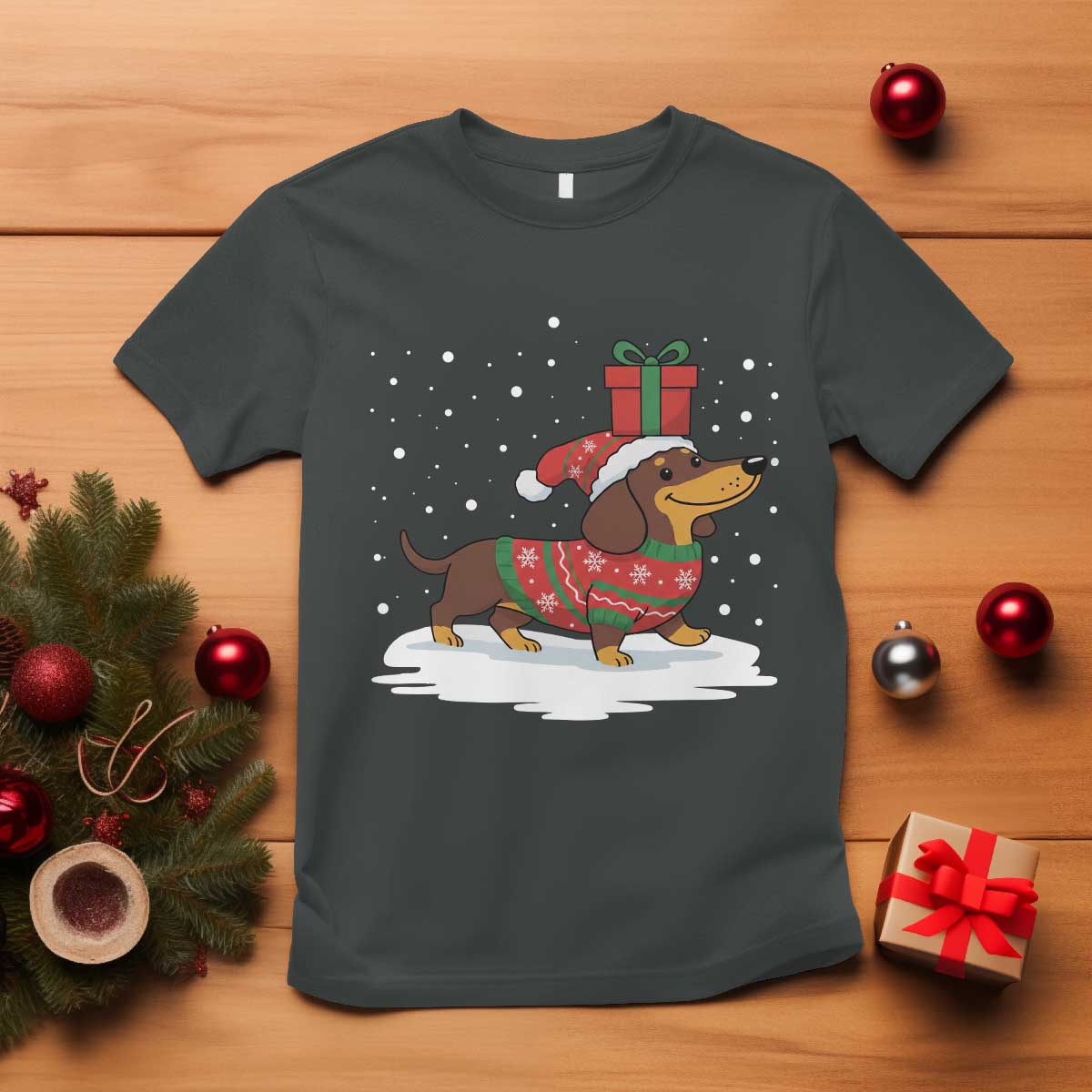 Christmas Dachshund T Shirt Funny Weiner Santa Hat Xmas Dog Puppy Lover TS10 Dark Heather Print Your Wear