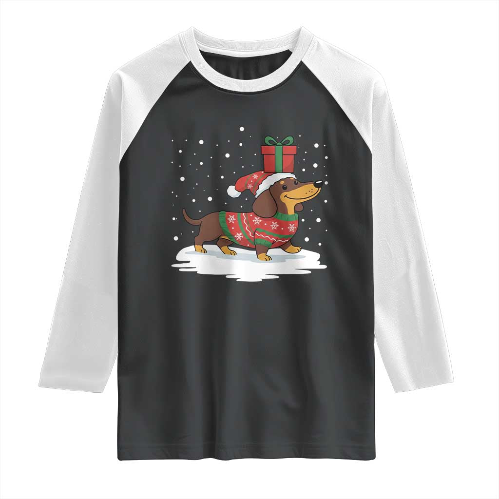 Christmas Dachshund Raglan Shirt Funny Weiner Santa Hat Xmas Dog Puppy Lover TS10 Black White Print Your Wear