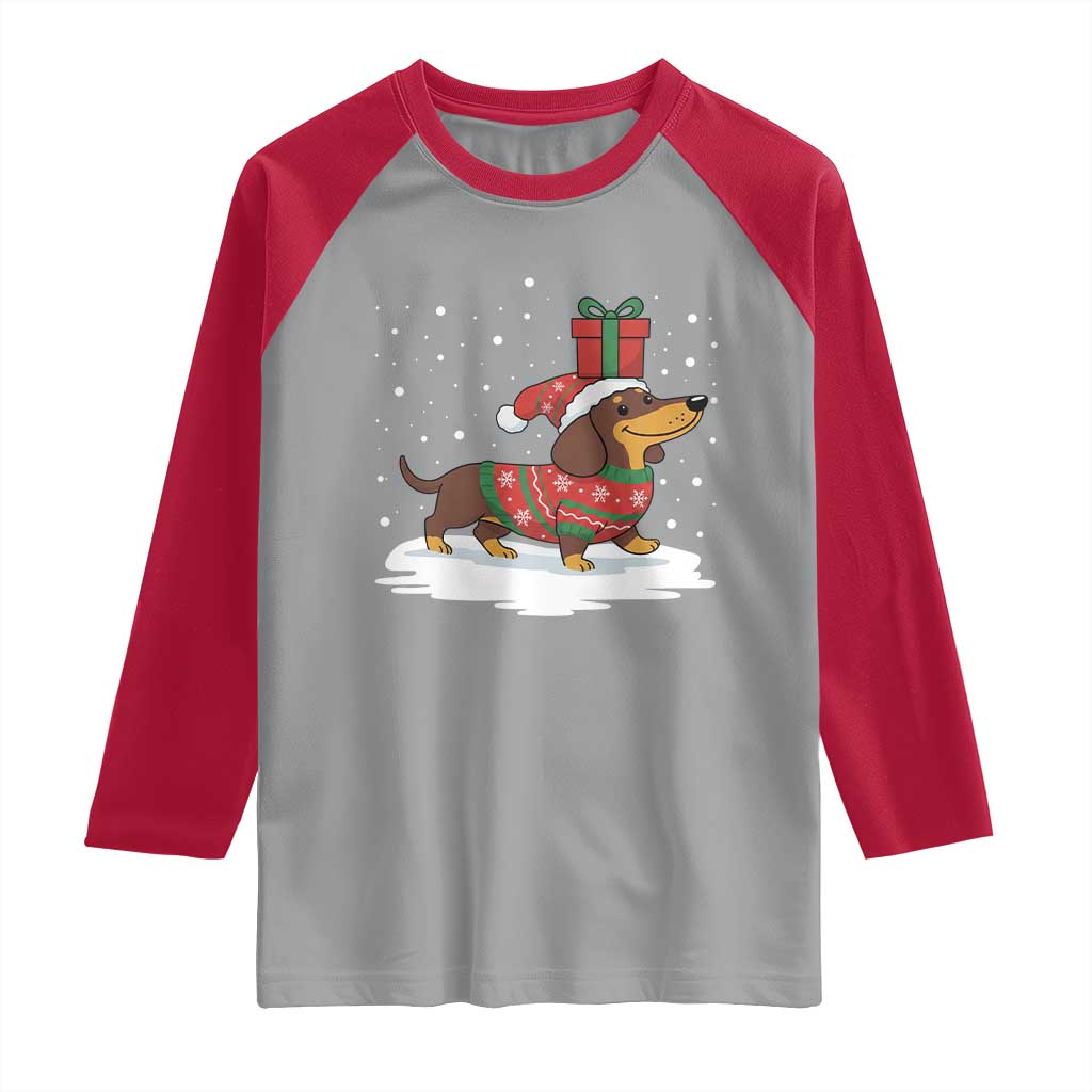 Christmas Dachshund Raglan Shirt Funny Weiner Santa Hat Xmas Dog Puppy Lover TS10 Sport Gray Red Print Your Wear