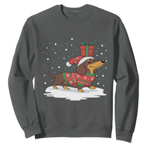 Christmas Dachshund Sweatshirt Funny Weiner Santa Hat Xmas Dog Puppy Lover TS10 Dark Heather Print Your Wear