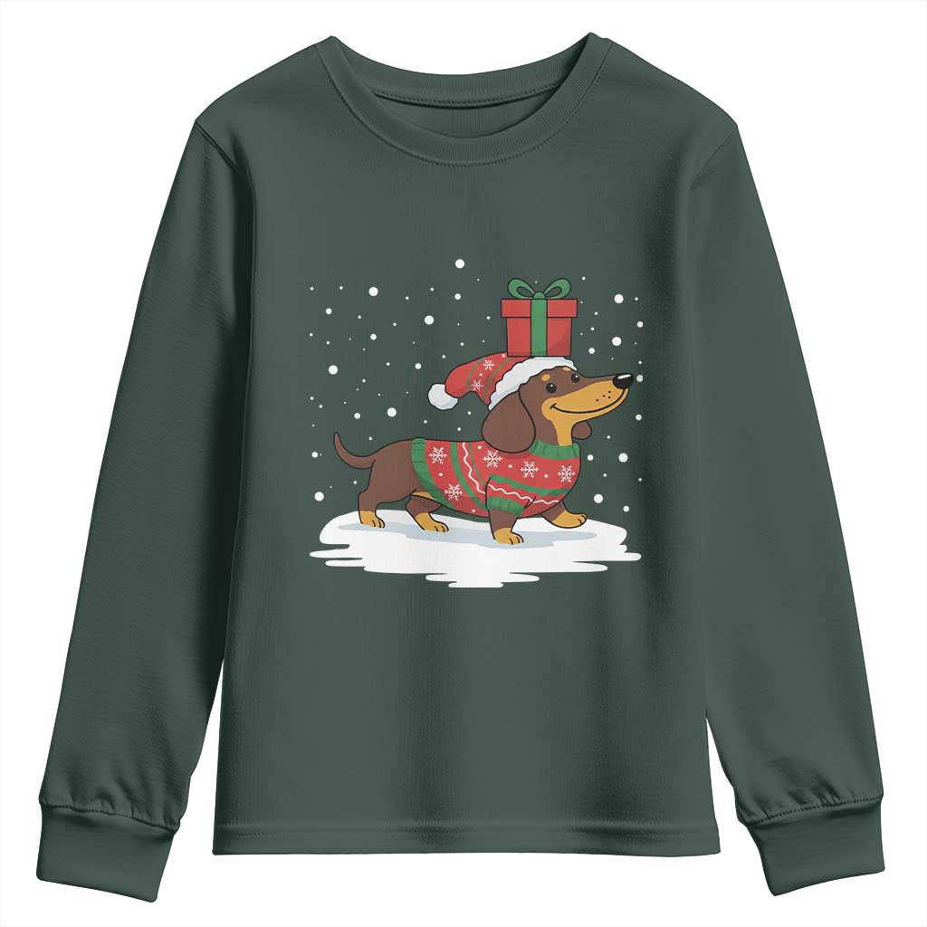 Christmas Dachshund Youth Sweatshirt Funny Weiner Santa Hat Xmas Dog Puppy Lover TS10 Dark Forest Green Print Your Wear