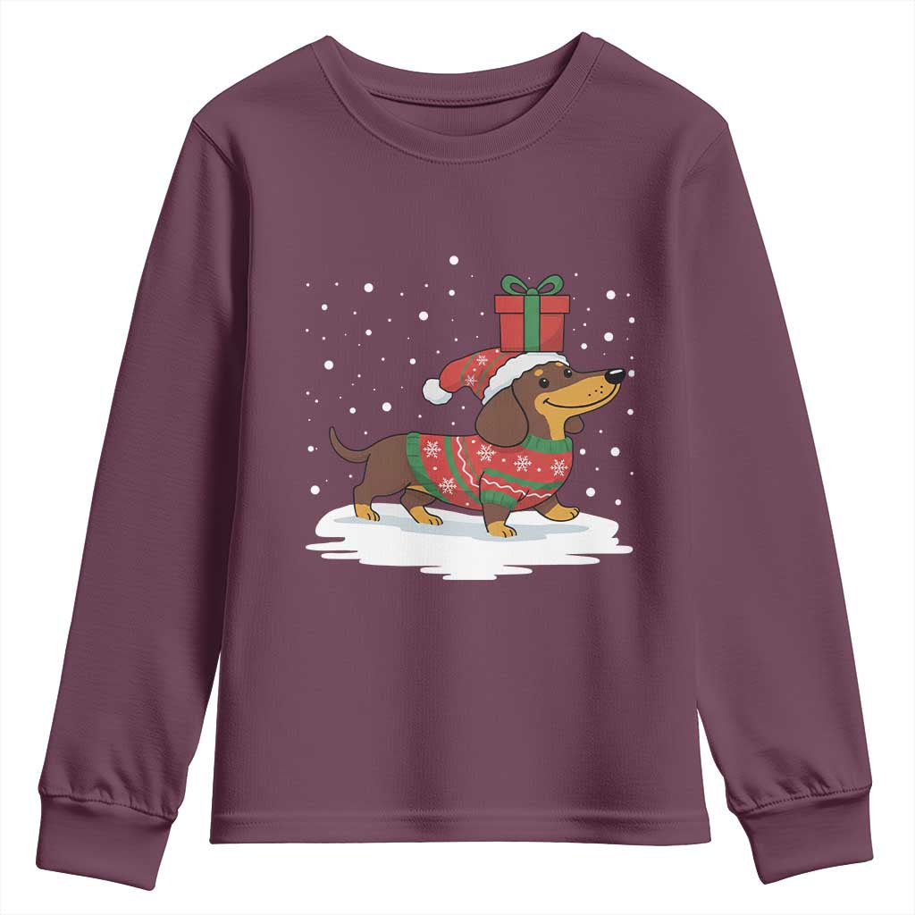 Christmas Dachshund Youth Sweatshirt Funny Weiner Santa Hat Xmas Dog Puppy Lover TS10 Maroon Print Your Wear