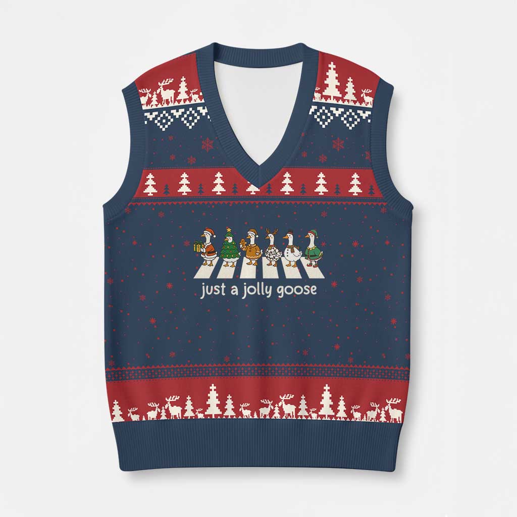 Just A Jolly Goose V-Neck Knit Sweater Vest Funny Xmas Duck Meme TS10 Navy Red Print Your Wear