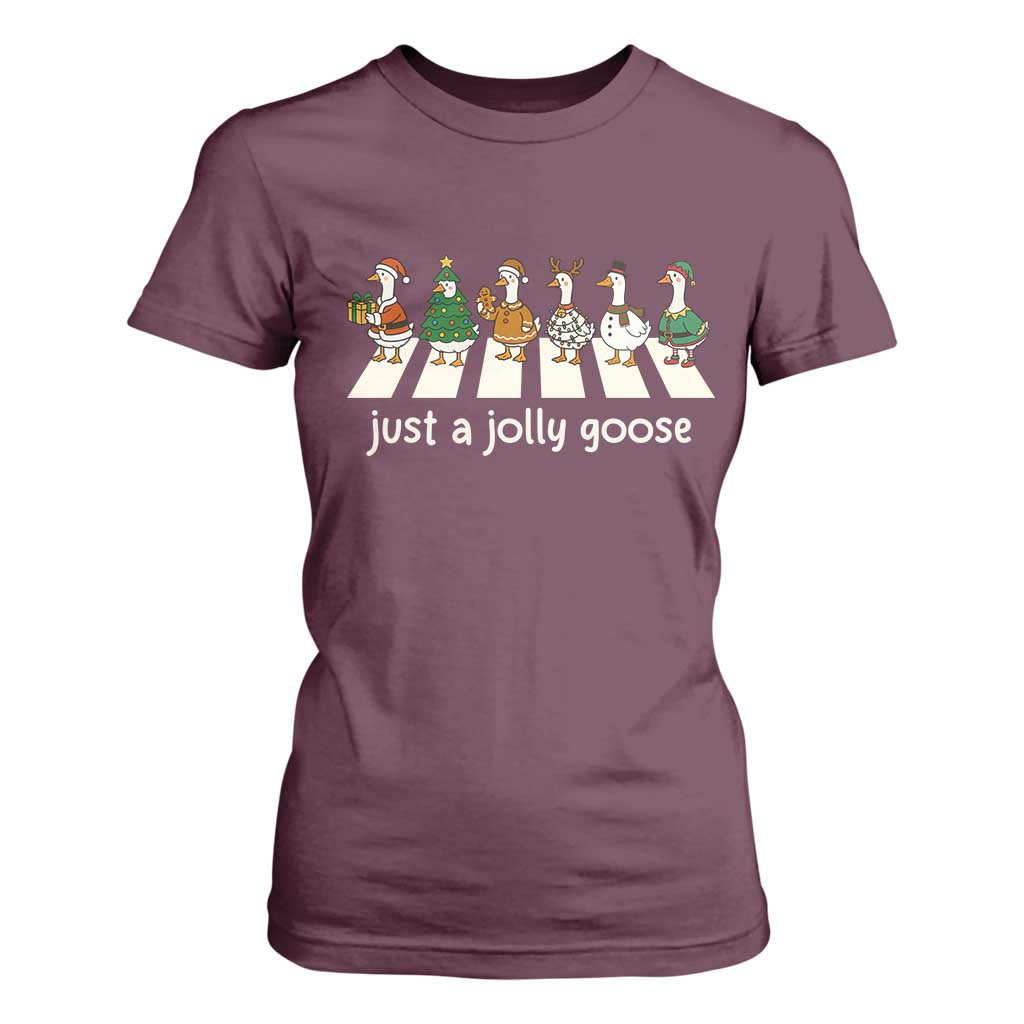 Just A Jolly Goose T Shirt For Women Funny Christmas Duck Meme TS10 Maroon Print Your Wear
