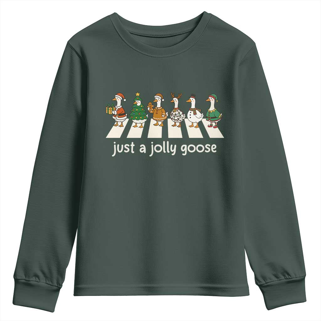 Just A Jolly Goose Youth Sweatshirt Funny Christmas Duck Meme TS10 Dark Forest Green Print Your Wear