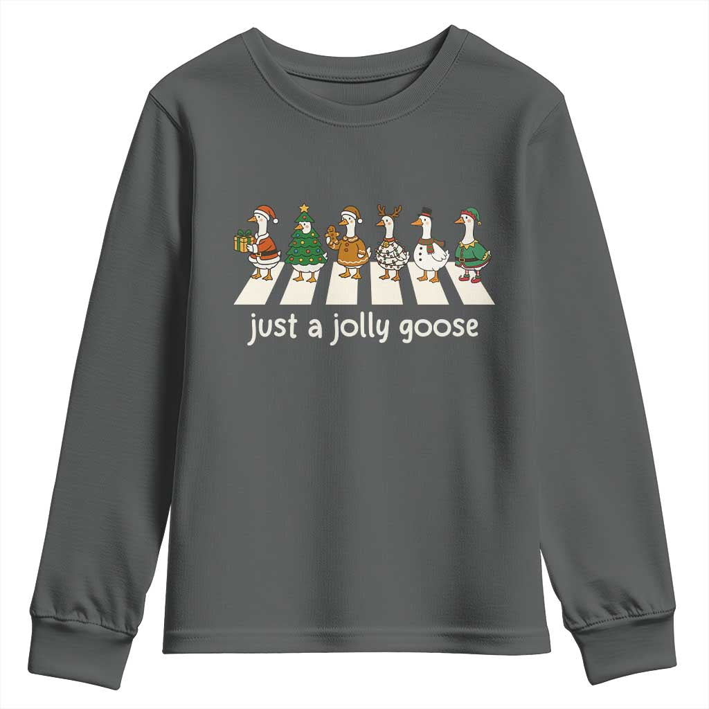Just A Jolly Goose Youth Sweatshirt Funny Christmas Duck Meme TS10 Dark Heather Print Your Wear