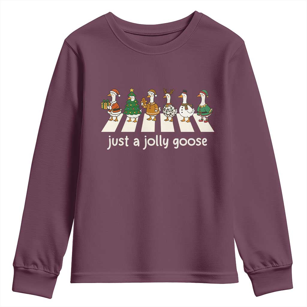 Just A Jolly Goose Youth Sweatshirt Funny Christmas Duck Meme TS10 Maroon Print Your Wear
