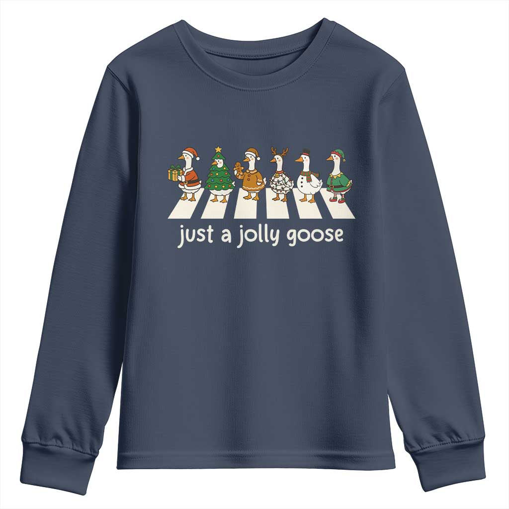 Just A Jolly Goose Youth Sweatshirt Funny Christmas Duck Meme TS10 Navy Print Your Wear